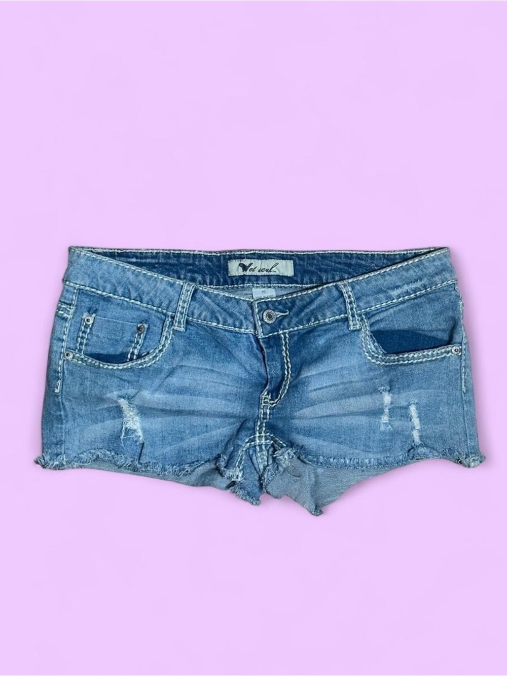 Y2K 2000s Wet Seal Low rise light wash denim shorty shorts McBling mall girl